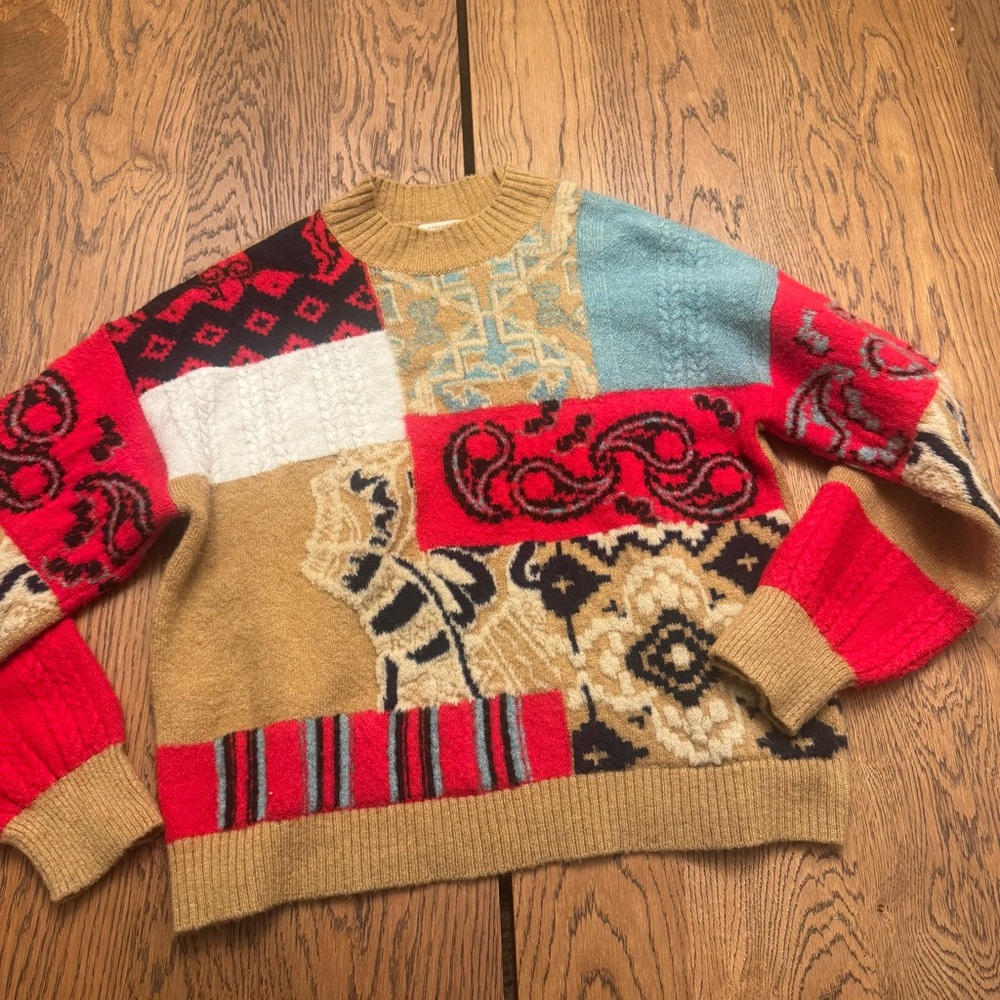 Anthropologie Rachael Sweater‎ Patchwork knit crew Cabincore Grandmacore - Picture 2 of 8